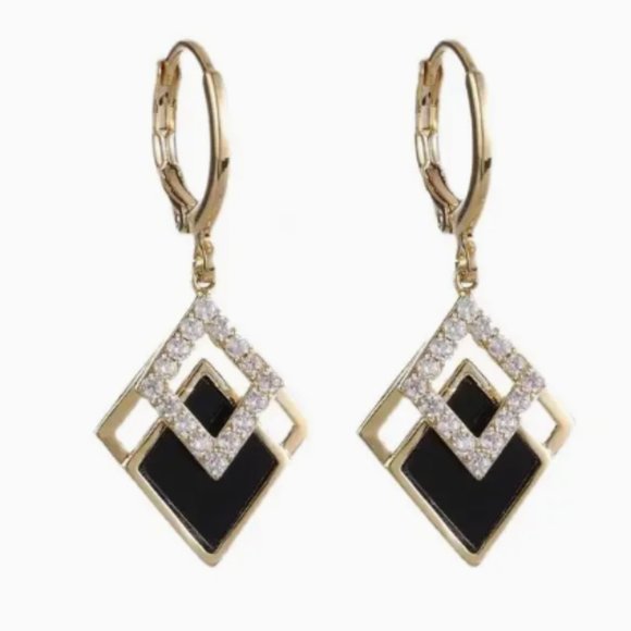Black and Gold Rhombus Earrings with Rhinestones - Picture 4 of 6